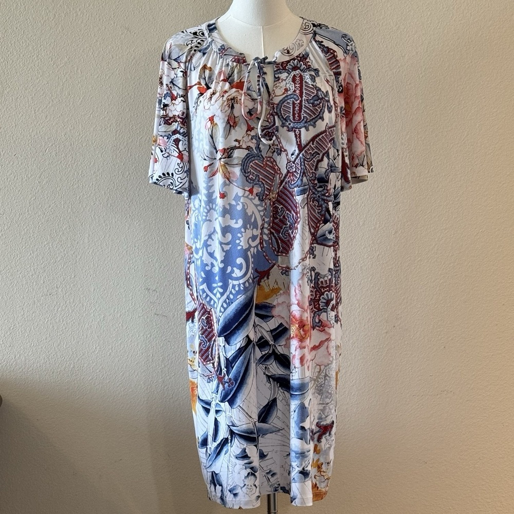 Floral Paisley Shift Dress Blue Pink Cottagecore‎ Boho Stretch Midi M